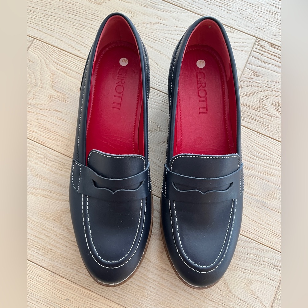 GIROTTI Penny Loafer Flat Slip On Shoes Navy Blue Leather Preppy Academia Career